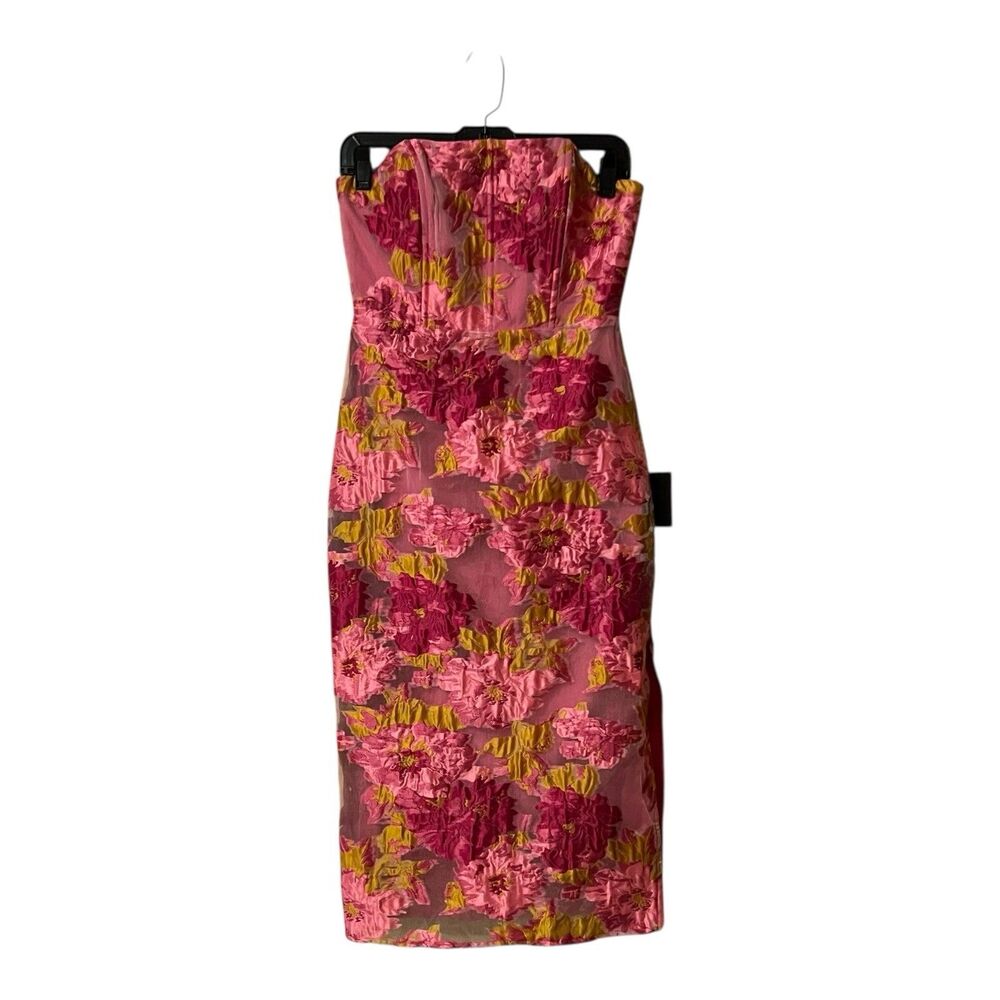 Strapless Pink Floral Jacquard Cocktail Dress